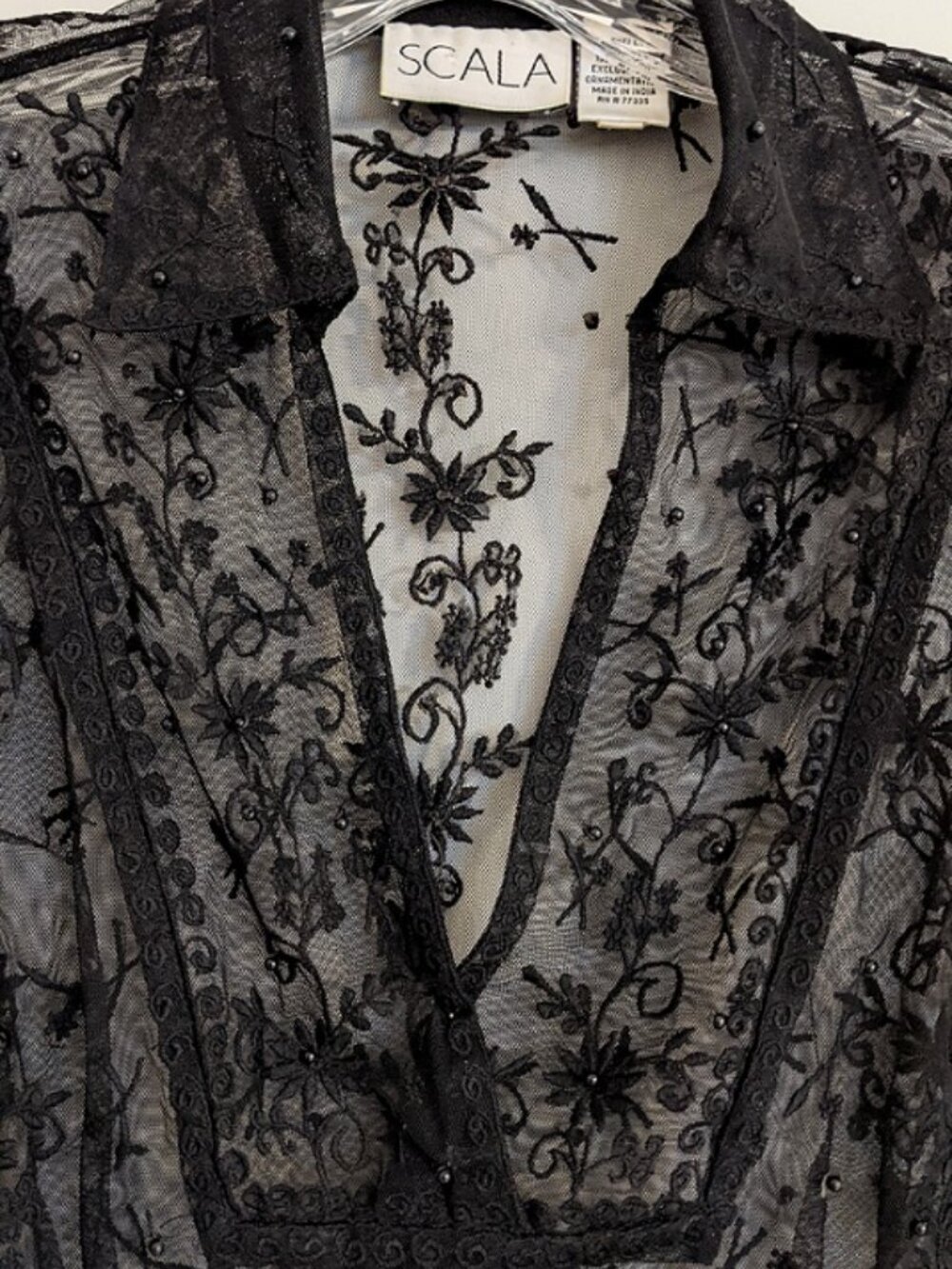 Vintage Scala Sheer Black Beaded Long Sleeve V-Neck Blouse, Elegant Sexy, size S - Picture 3 of 7